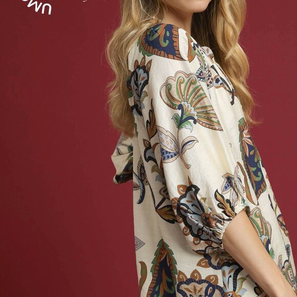 UMGEE Boho Paisley Puff Sleeve Blouse (New) - Cream - Picture 2 of 5